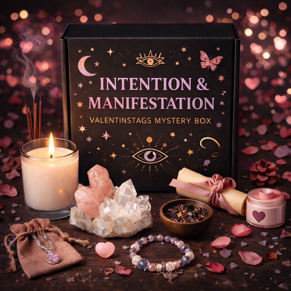 Valentinstags Mystery Box „Intention & Manifestation“ mit Ritualkerze, Rosenquarz, Kristallen, Räucherwerk und Manifestations-Zubehör – Geschenkidee für Liebe, Wünsche & spirituelle Rituale.
