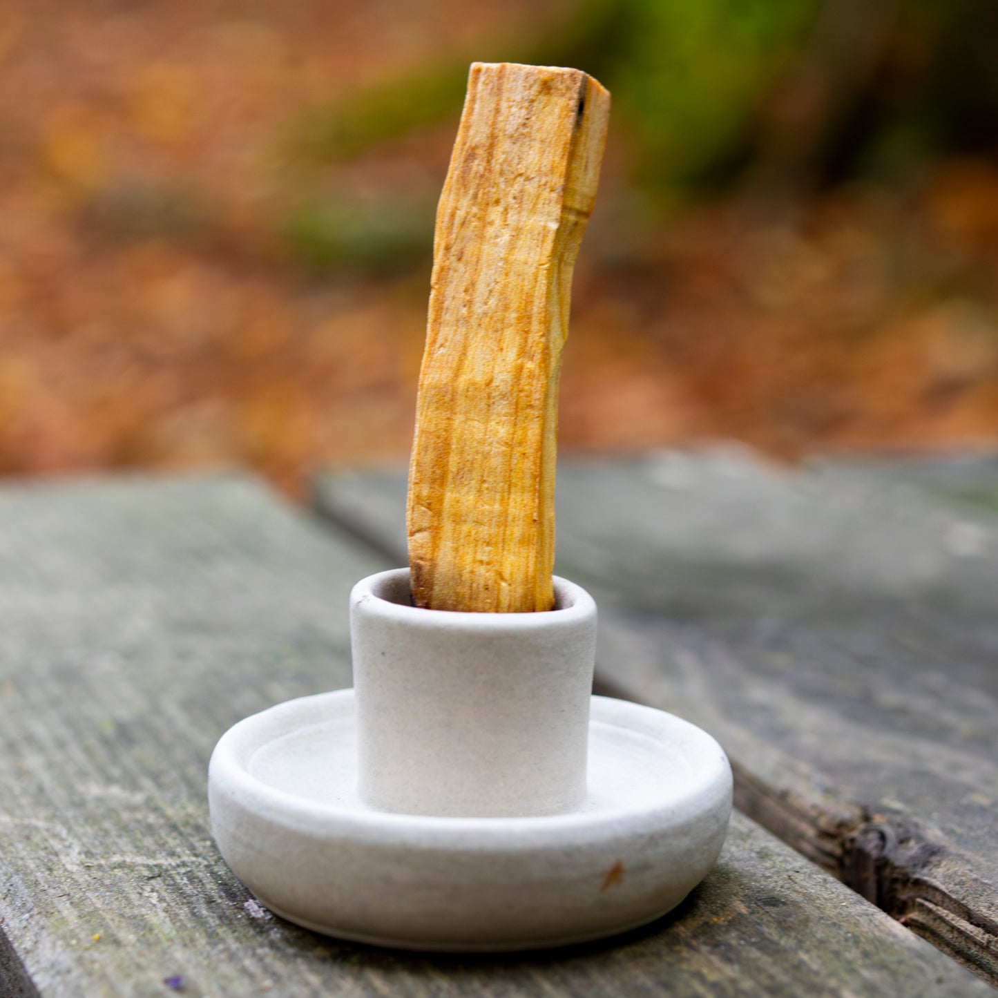 Palo-Santo-Holzstück, aufrecht in einem schlichten weißen Halter arrangiert, auf einer Holzoberfläche vor unscharfem, herbstlichem Hintergrund.