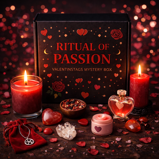 Valentinstags Mystery Box „Ritual of Passion“ mit roten Ritualkerzen, Rosenquarz, Kristallen, Räucherwerk und Liebesritual Zubehör – Geschenkidee für Leidenschaft, Sinnlichkeit & Romantik.