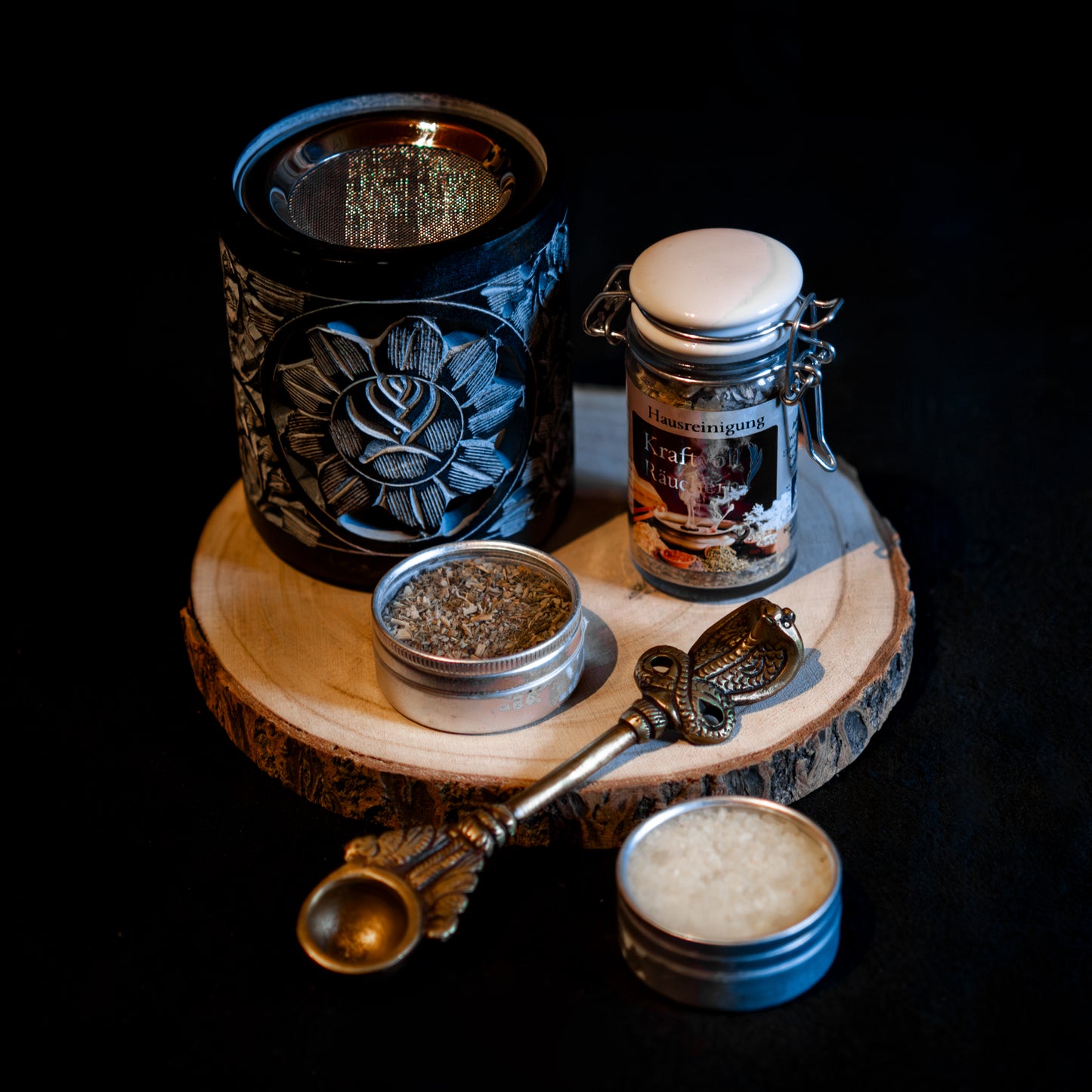 Räuchern Set mit Räuchergefäß, Räuchersieb, Räucherwerk und Zubehör – sanftes Räuchern ohne Kohle.