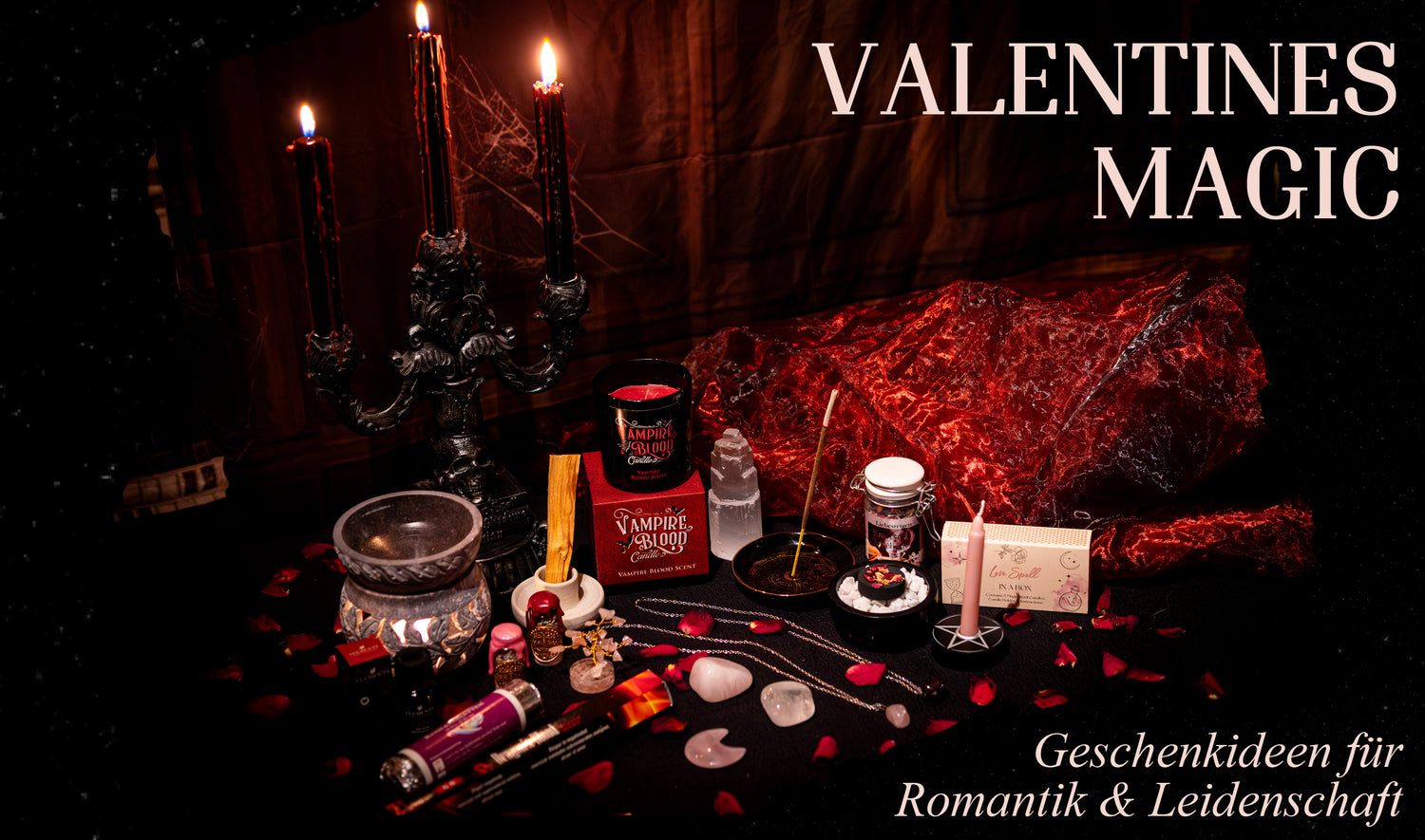 Valentinstags Banner mit magischem Ritual-Setup, Kerzen, Räucherwerk und Kristallen – Geschenkideen für Romantik, Leidenschaft & spirituelle Rituale bei Spirit Emporium.