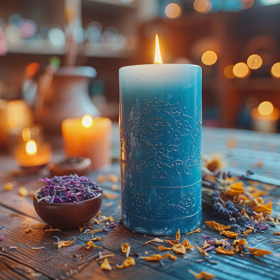Brennende blaue Ritualkerze mit eingravierten Symbolen, umgeben von getrockneten Blüten und weiteren Kerzen auf einem rustikalen Holztisch.