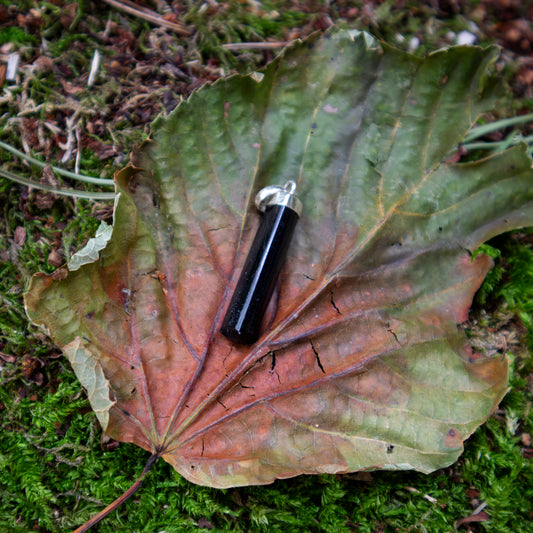 Ein länglicher schwarzer Turmalin-Anhänger mit silberner Fassung, kunstvoll auf einem großen, herbstlichen Blatt arrangiert, das auf moosbedecktem Boden liegt.