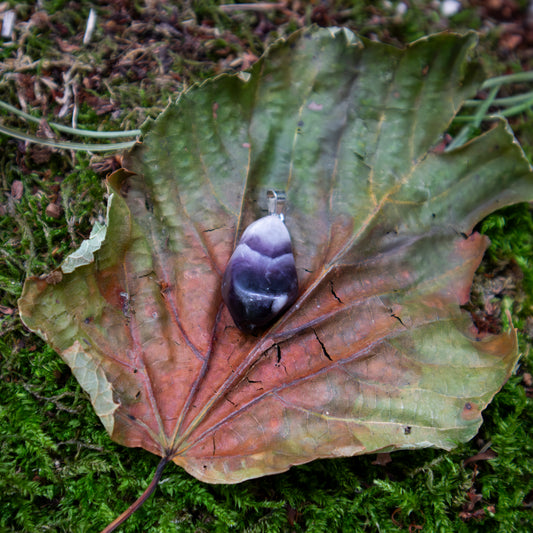 Ein tropfenförmiger Amethyst-Anhänger mit silberner Fassung, kunstvoll auf einem großen, herbstlichen Blatt arrangiert, das auf moosbedecktem Boden liegt.