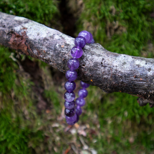 Ein Armband aus polierten Amethyst-Perlen, dekorativ über einen moosbedeckten Ast drapiert, umgeben von natürlicher Waldkulisse.