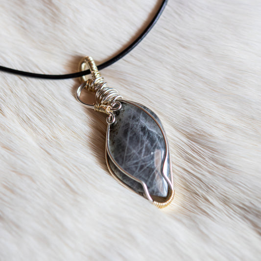 Handgefertigter Labradorit Drahtanhänger in Silberfassung – mystischer Edelstein Talisman für Schutz, Intuition und Transformation.
