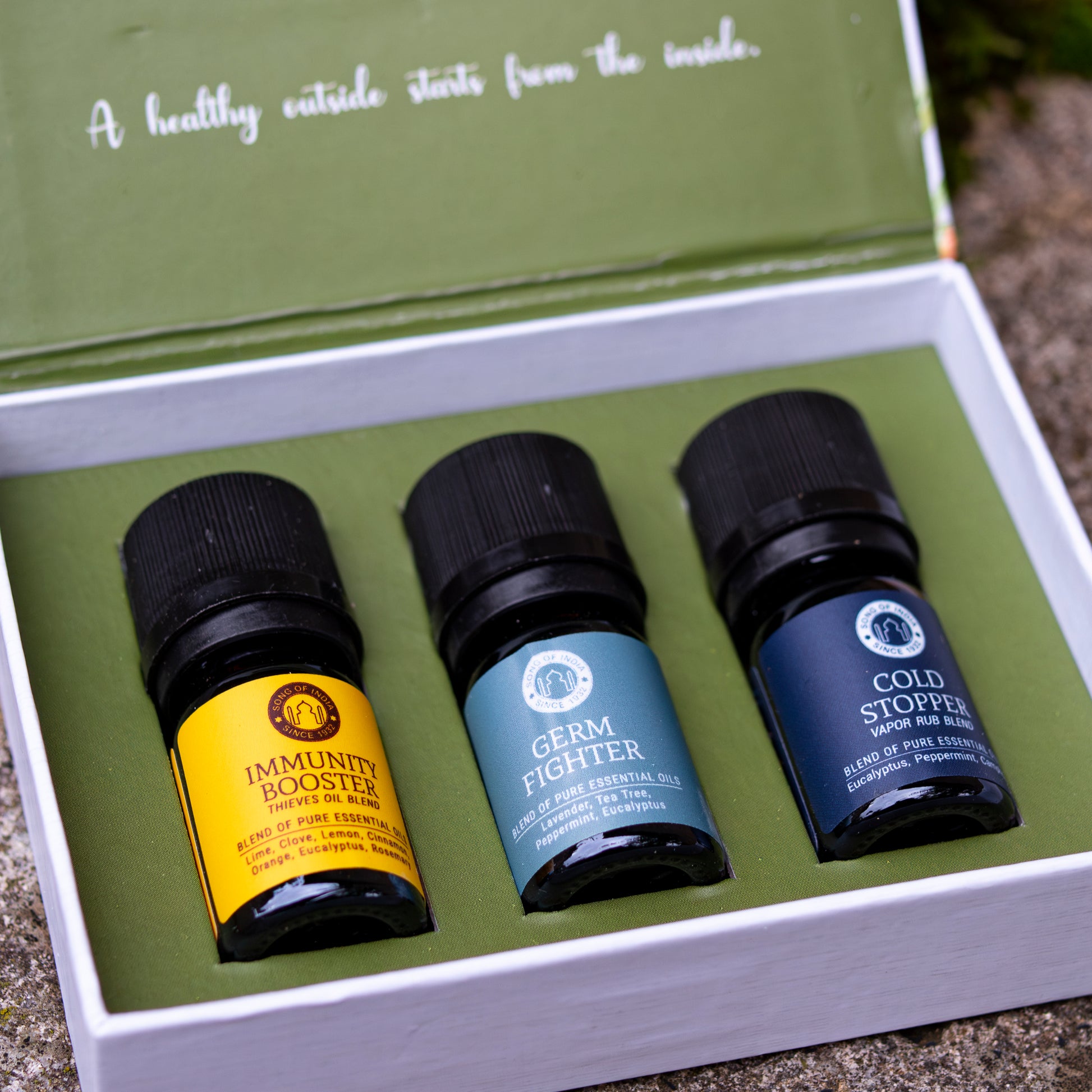 Geöffnete Verpackung des ‘Wellness’-Duftöl-Sets mit drei Fläschchen: ‘Immunity Booster’, ‘Germ Fighter’ und ‘Cold Stopper’, präsentiert auf grünem Hintergrund mit motivierendem Zitat im Deckel.
