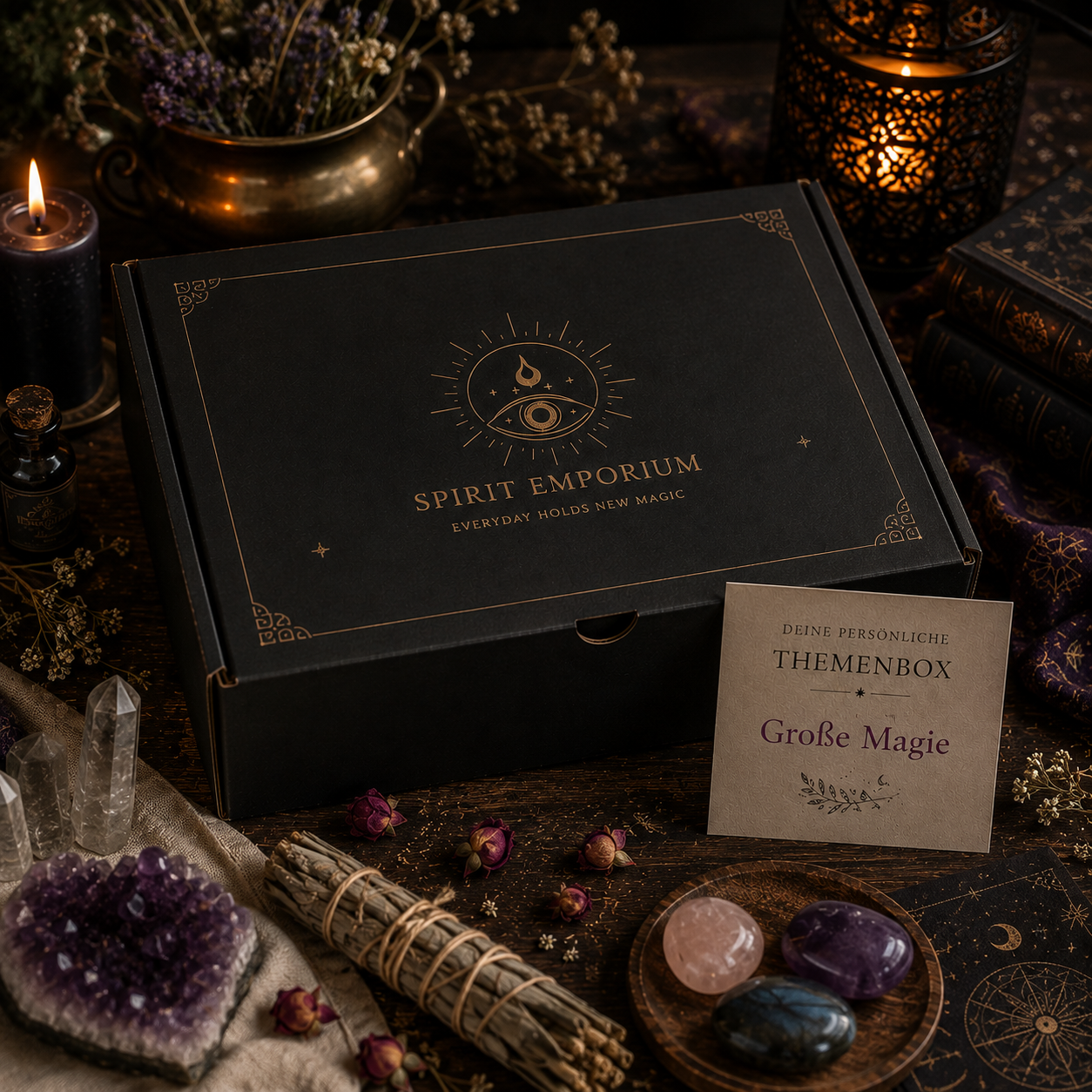 Themenbox „Große Magie“ mit mystischer Dekoration und Kerzenlicht
