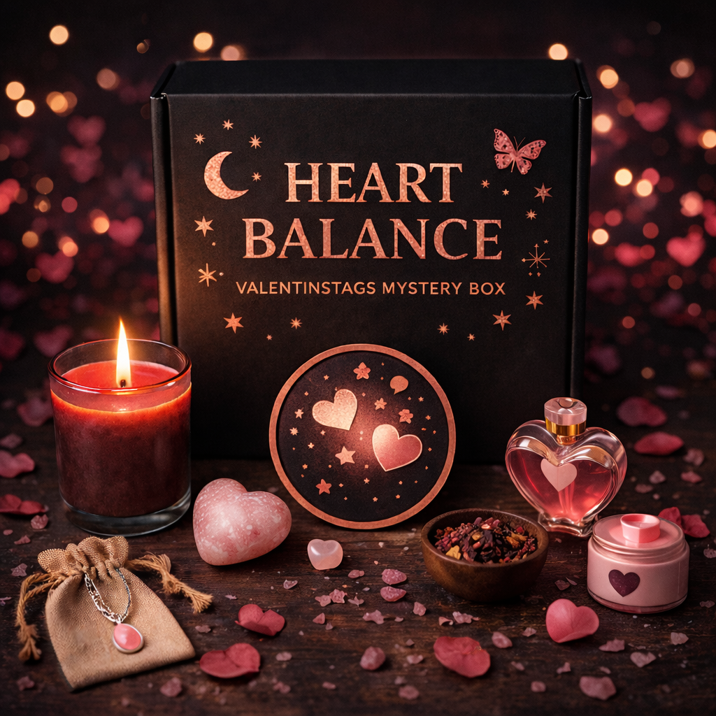 Valentinstags Mystery Box „Heart Balance“ mit Ritualkerze, Rosenquarz, Räucherwerk und Liebesritual-Zubehör – Geschenkidee für Selbstliebe, Romantik & spirituelle Rituale.