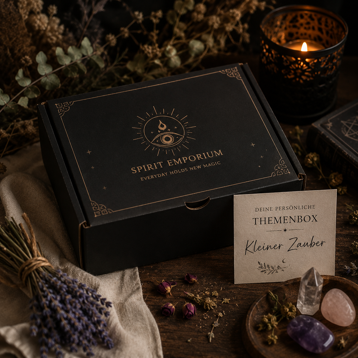 Themenbox "Kleiner Zauber" mit mystischer Dekoration und Kerzenlicht