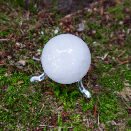 Eine glänzende, Bergkristall-Kugel auf einem kleinen Ständer, platziert auf moosbedecktem Boden inmitten von natürlicher Vegetation.“