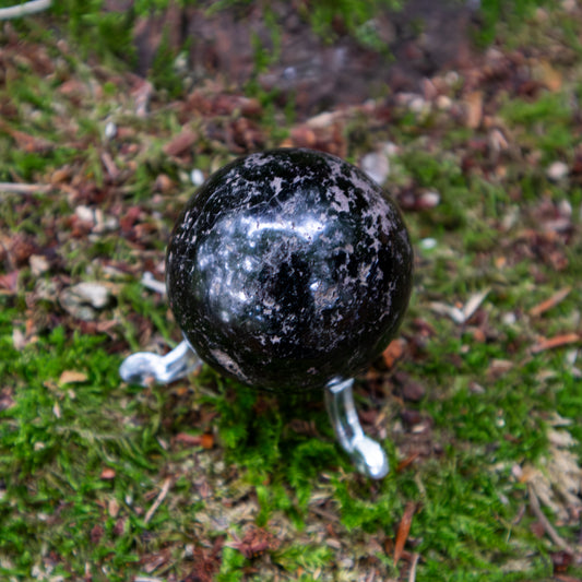 Eine glänzende, schwarze Turmalin-Kugel auf einem kleinen Ständer, platziert auf moosbedecktem Boden inmitten von natürlicher Vegetation.