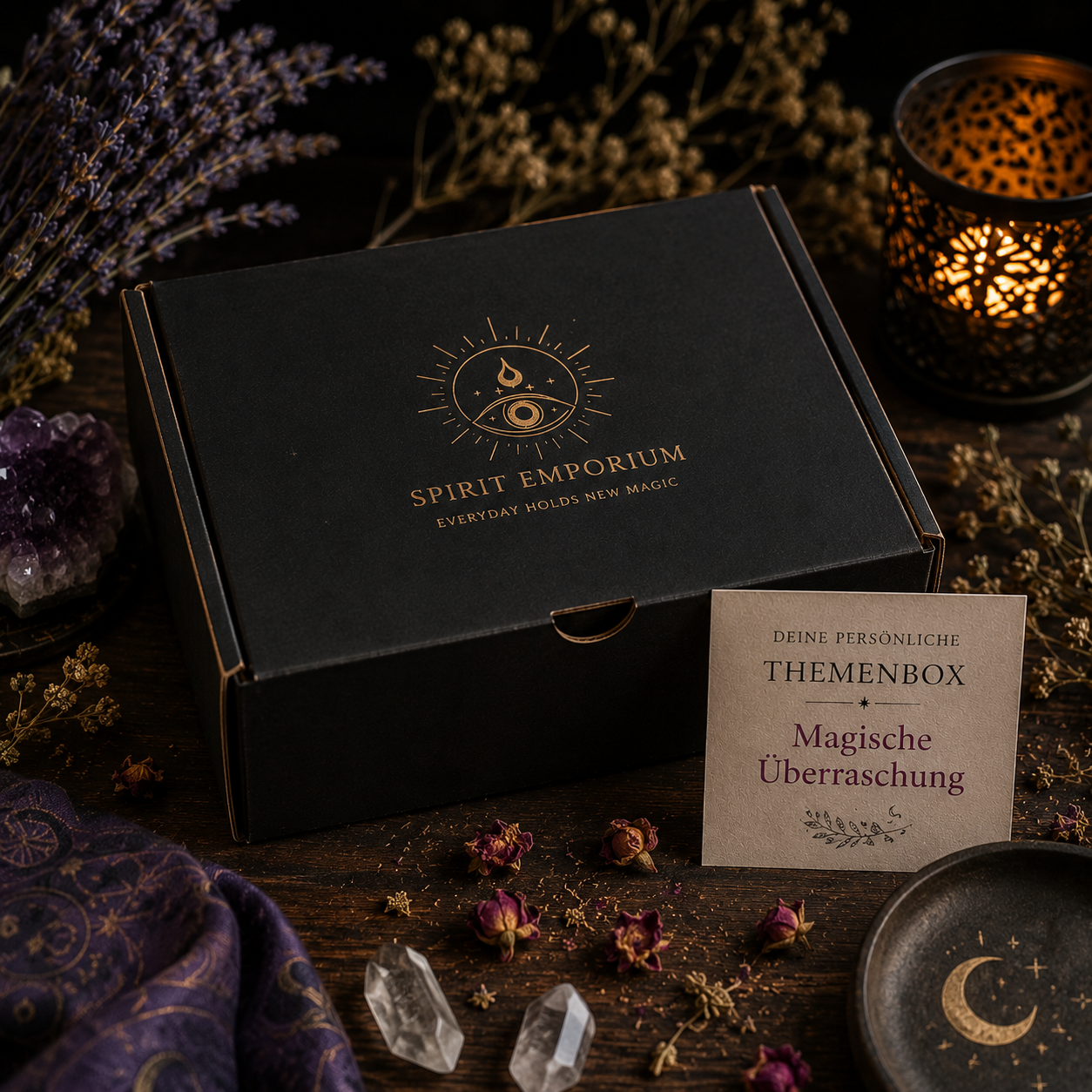 Themenbox "Magische Überraschung" mit mystischer Dekoration und Kerzenlicht