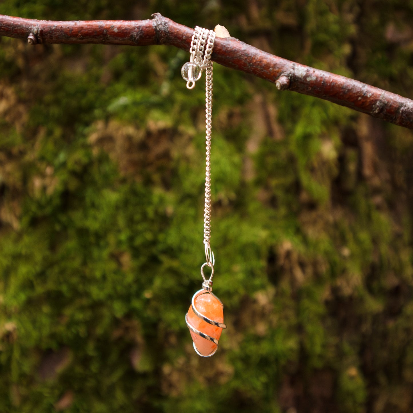 Pendel mit einem Karneol-Stein, eingewickelt in Silberdraht, an einer silbernen Kette hängend, dekorativ an einem Ast vor einem moosbewachsenen Hintergrund präsentiert.