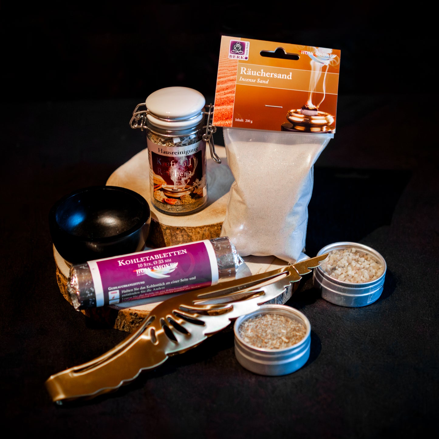Räuchern Set mit Räuchersand, Räucherkohle, Räucherzange und Zubehör – Einsteiger-Set zum Räuchern mit Kohle.