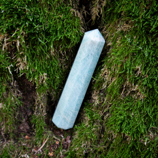 Ein schlanker, polierter Amazonit-Obelisk, kunstvoll auf einem moosbedeckten Boden arrangiert, umgeben von üppigem Grün, das seine natürliche Eleganz unterstreicht.