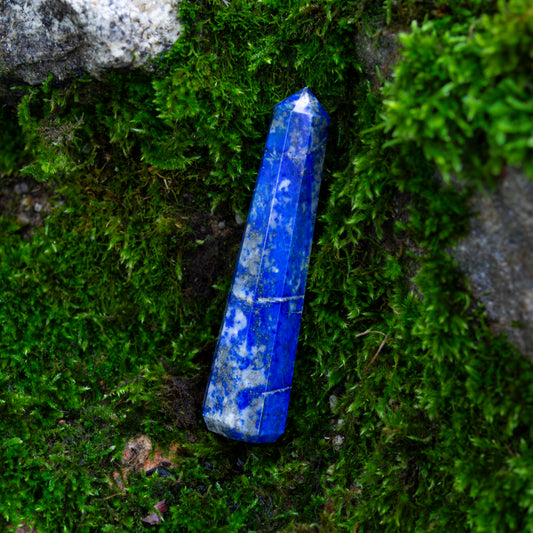 Ein polierter Lapislazuli-Obelisk in sattem Blau liegt auf einem weichen, moosbedeckten Untergrund, umgeben von natürlichen Steinen und Pflanzen.