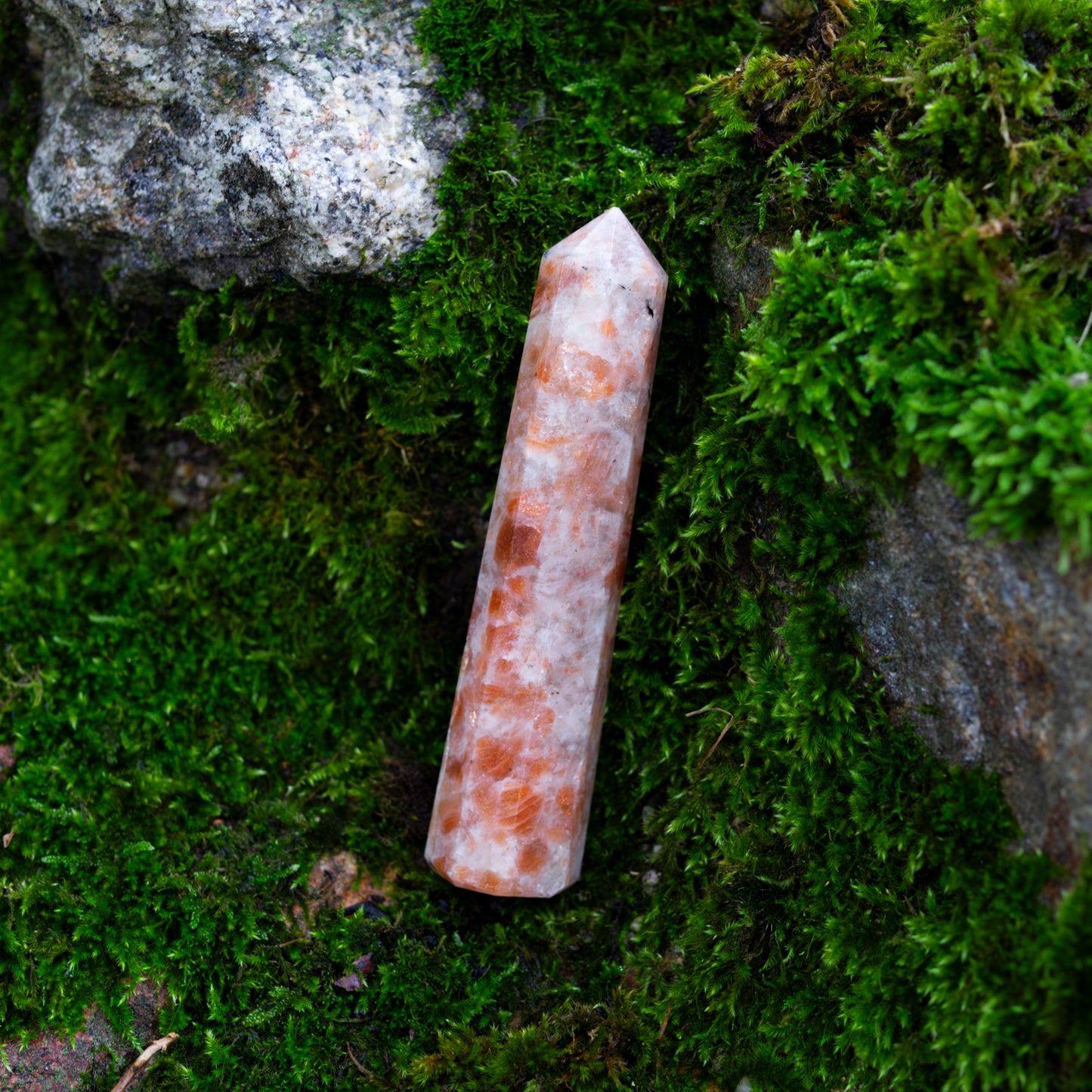 Ein polierter Sonnenstein-Obelisk liegt auf einem moosbewachsenen Untergrund, eingerahmt von natürlichen Steinen und Pflanzen.