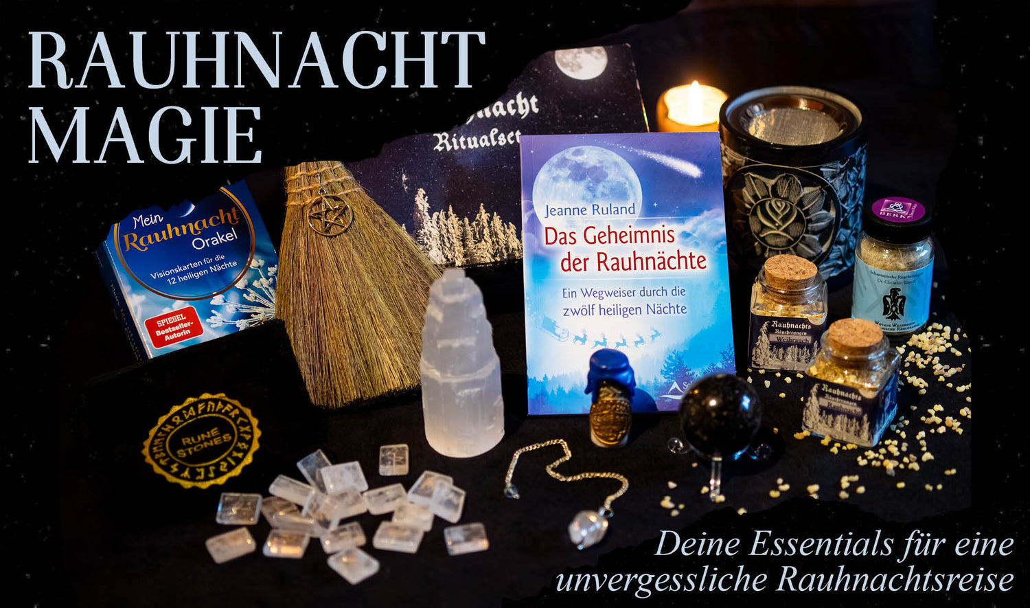 Spirit Emporium Rauhnacht-Banner mit Räucherwerk, Orakel-Karten, Buch und Ritualzubehör – Rauhnacht Magie.