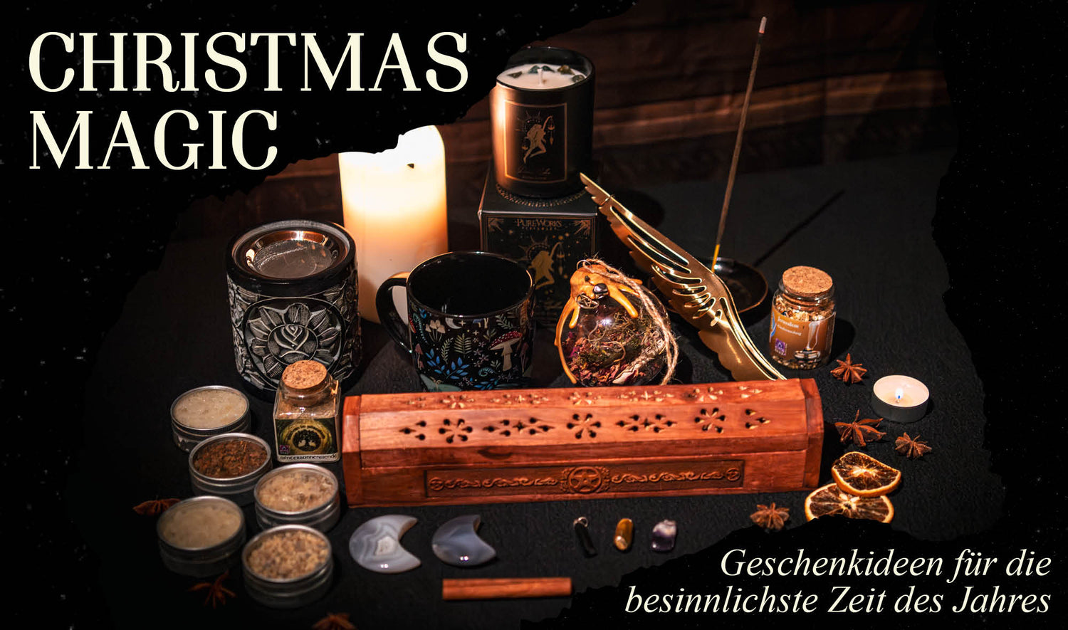 Spirit Emporium Weihnachtsbanner mit Räucherwerk, Kerzen und Ritualzubehör – Christmas Magic Geschenkideen.